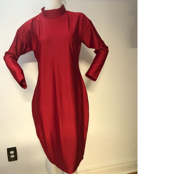 Libian PLUS SIZE Red Stretchy Shiny Bodycon Dress  Mock Neck Long Sleeve NWOT - Picture 2 of 6